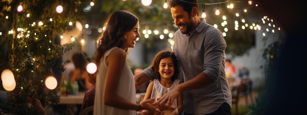 Família feliz dançando em festa no quintal de casa