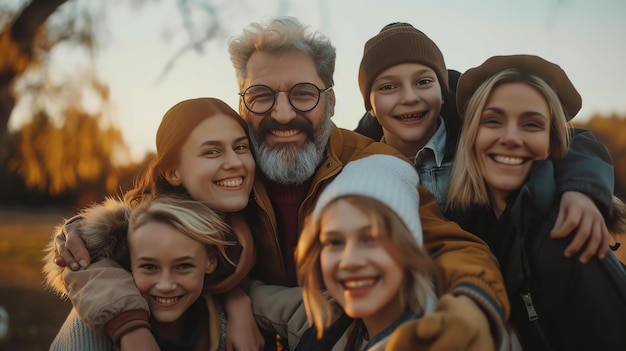 Família feliz de cinco pessoas sorrindo e posando para uma foto Eles estão vestindo roupas casuais e parecem relaxados e felizes