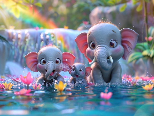 Família feliz de desenhos animados em 3D de elefantes tailandeses brincando em uma cachoeira colorida do arco-íris