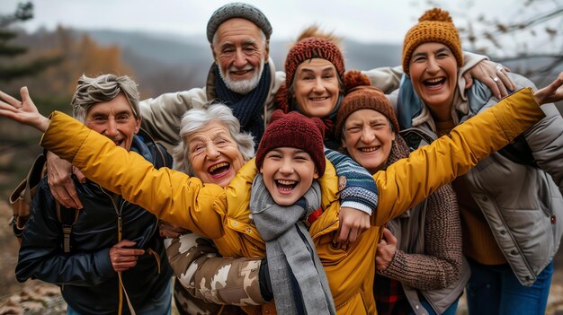 Família feliz de diferentes idades em roupas quentes posando ao ar livre no outono Eles estão sorrindo e abraçando um ao outro