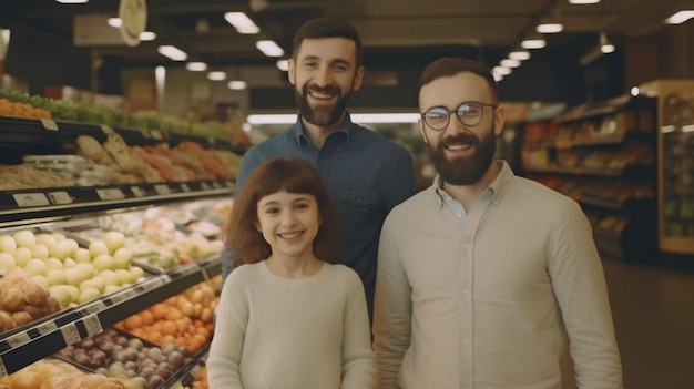 Família feliz de IA generativa fazendo compras no supermercado