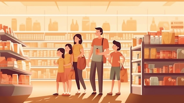 Família feliz de IA generativa fazendo compras no supermercado