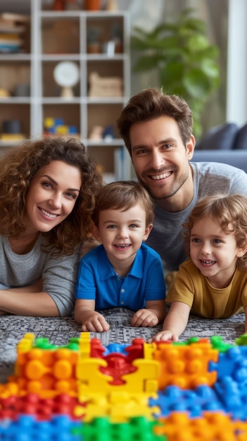 Família feliz de quatro pessoas brincando com blocos de plástico coloridos no chão