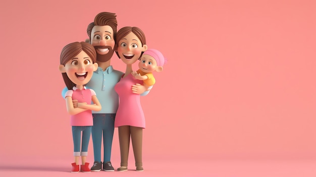 Família feliz de quatro pessoas de pé juntas sorrindo A família inclui um pai mãe filha e bebê