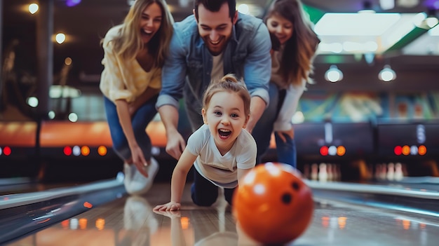 Família feliz de quatro pessoas na pista de bowling Todos estão sorrindo e rindo e a menina está rastejando em direção à bola de bowling