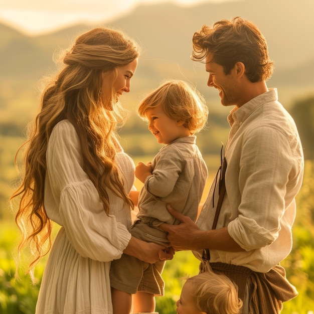 Foto família feliz de quatro pessoas num campo ao pôr-do-sol