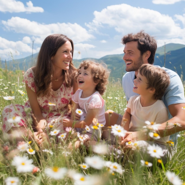 Família feliz de quatro pessoas sentadas num campo de margaridas