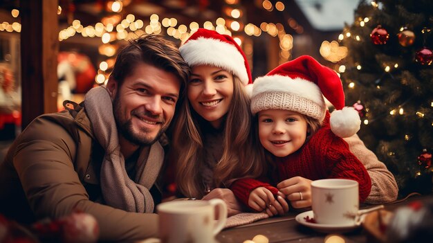 Família feliz de três em chapéus de Papai Noel sentados à mesa com uma chávena de bebida quente