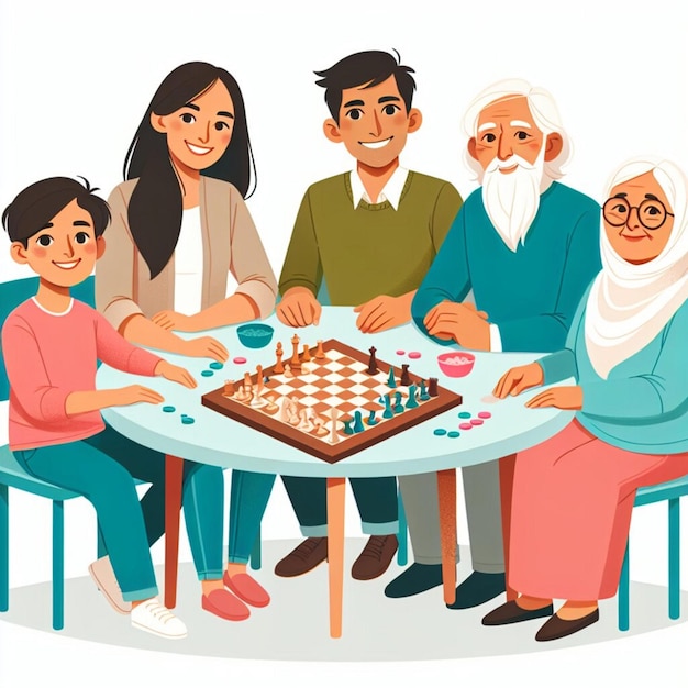 Família feliz de várias idades sentada à mesa e jogando jogos de tabuleiro estilo plano