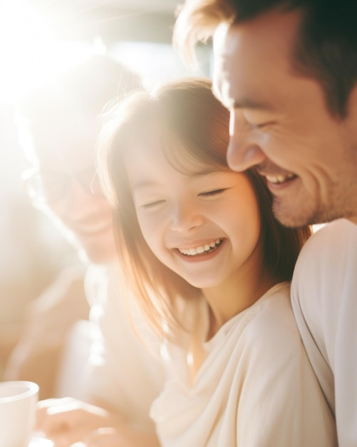 Una familia feliz desayunando