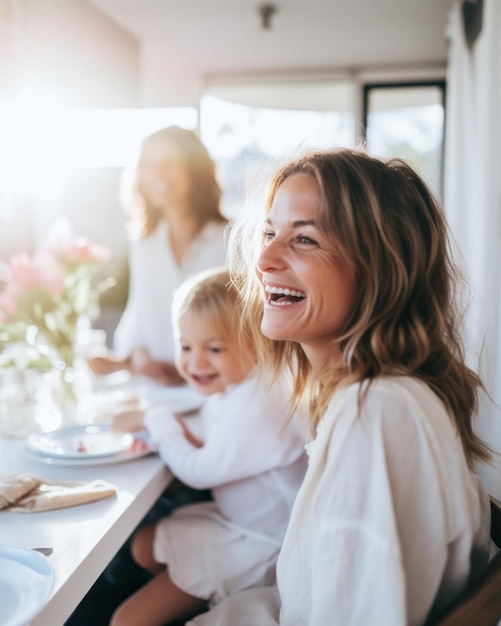 Una familia feliz desayunando