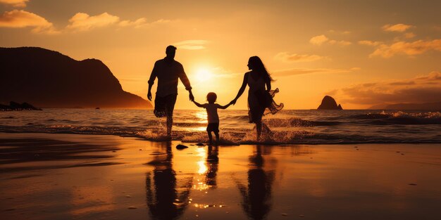 Foto família feliz desfrutando do pôr-do-sol na praia