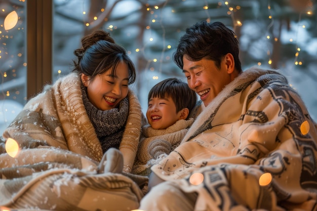 Familia feliz disfrutando de una acogedora noche de invierno envuelta en una manta con luces festivas de fondo