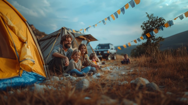 Una familia feliz disfrutando de una aventura de acampada en la naturaleza