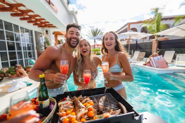 Familia feliz disfrutando de una barbacoa junto a la piscina