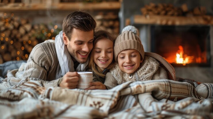 Familia feliz disfrutando de bebidas junto a la chimenea en un acogedor día de invierno