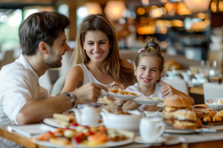 Una familia feliz disfrutando de un delicioso desayuno juntos en un restaurante soleado