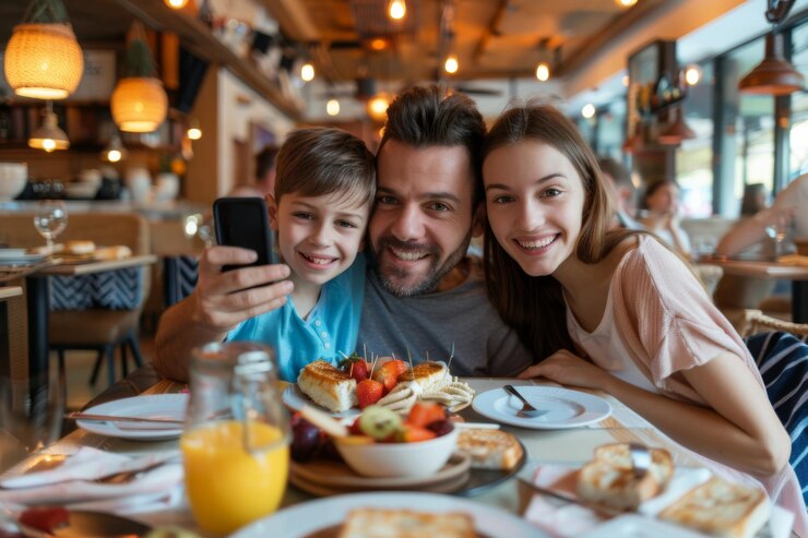Una familia feliz disfrutando de un delicioso desayuno juntos en un restaurante soleado