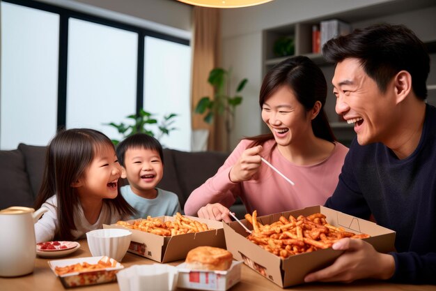 Familia feliz disfrutando juntos de una deliciosa comida para llevar Creado con tecnología de IA generativa