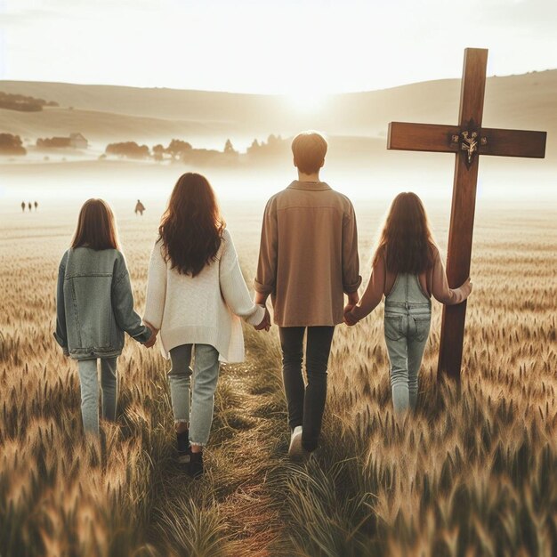 Una familia feliz disfrutando de un paseo pacífico a través de un hermoso campo verde juntos tomados de la mano