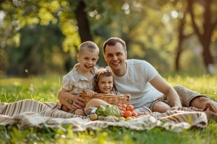 Familia feliz disfrutando de un picnic en el parque con niños pequeños