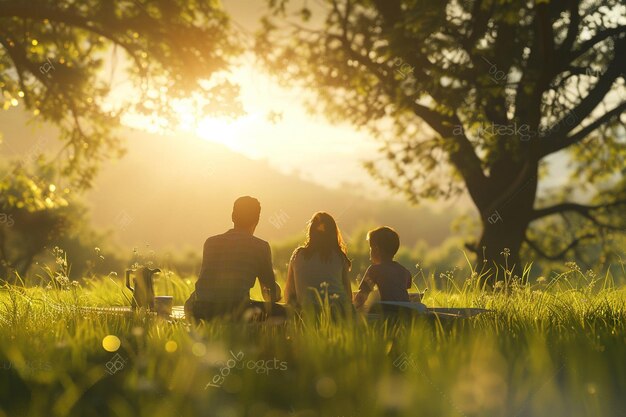 Una familia feliz disfrutando de un picnic en un prado soleado