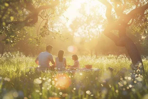 Una familia feliz disfrutando de un picnic en un prado soleado