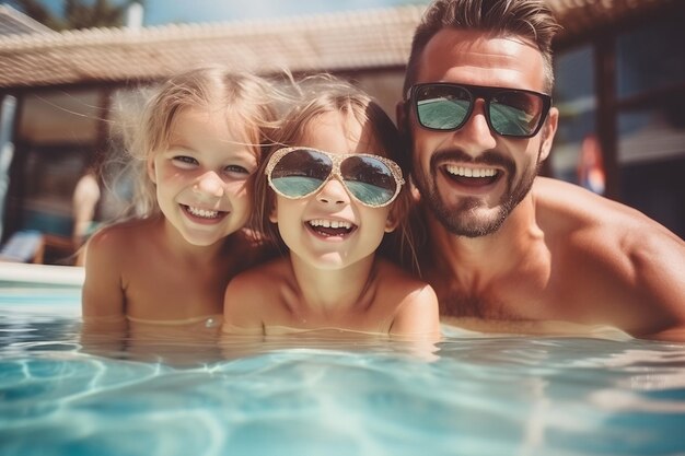 Una familia feliz disfrutando de la piscina con un padre sonriente y dos hijos con gafas de sol