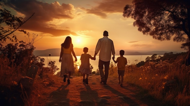 Familia feliz y divertida madre padre hijos hijo e hija en la naturaleza al atardecer