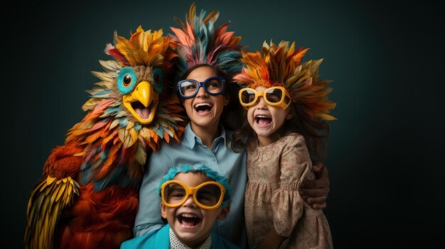 Foto familia feliz con divertidos trajes de plumas y gafas disfrutando de la unión y las risas