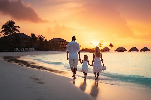 Familia feliz divirtiéndose caminando por la hermosa playa, vista de amor familiar