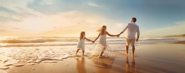 Familia feliz divirtiéndose en la playa Madre y padre sosteniendo a su hijo Generativo ai