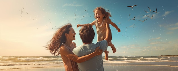 Familia feliz divirtiéndose en la playa Madre y padre sosteniendo a su hijo Generativo ai