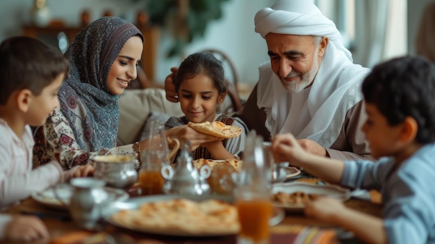 Família feliz do Oriente Médio compartilha pão pita na mesa de jantar no Ramadão
