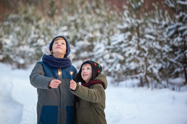 Família feliz dois irmãos manter um estrelinhas ou fogos de Bengala ao ar livre na floresta de inverno bonito.