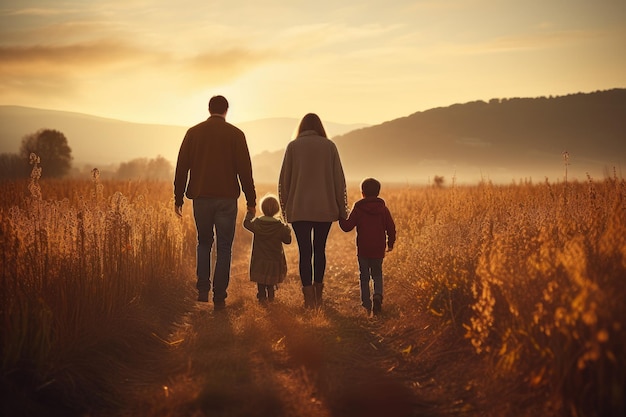 Familia feliz con dos hijos caminando en un campo de trigo en una hermosa puesta de sol vista trasera de la familia caminando en el campo naturaleza unidad concepto AI generado