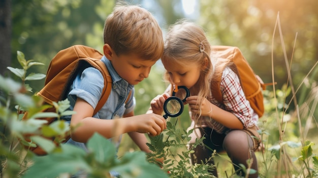 Familia feliz dos niños niño y niña con mochilas mirando examinando el medio ambiente a través de una lupa mientras exploran la naturaleza del bosque en un día soleado durante la lección de ecología al aire libre