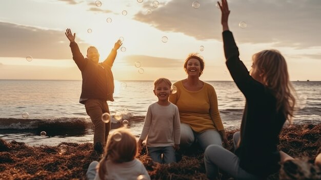 Família feliz e crianças sorridentes e alegres