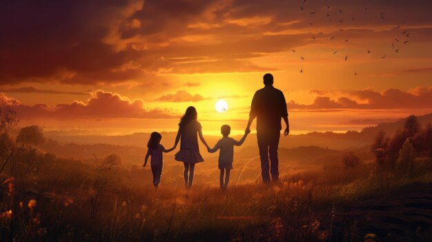 Família feliz e divertida mãe pai filhos filho e filha na natureza ao pôr do sol