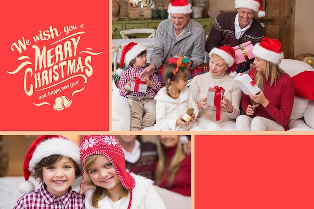 Foto família feliz e mensagem de natal em fundo vermelho