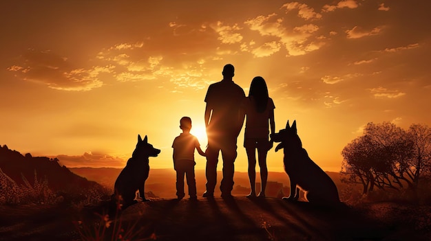 Família feliz em silhuetas de fundo por do sol de pessoas e cães beagle e pastor belga malinois