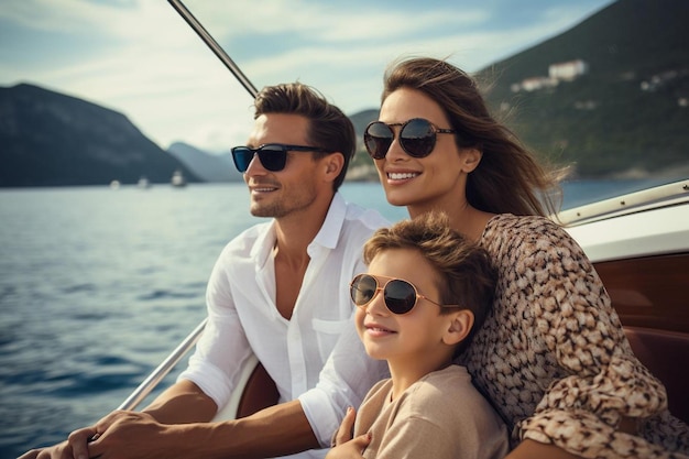 Família feliz em um barco