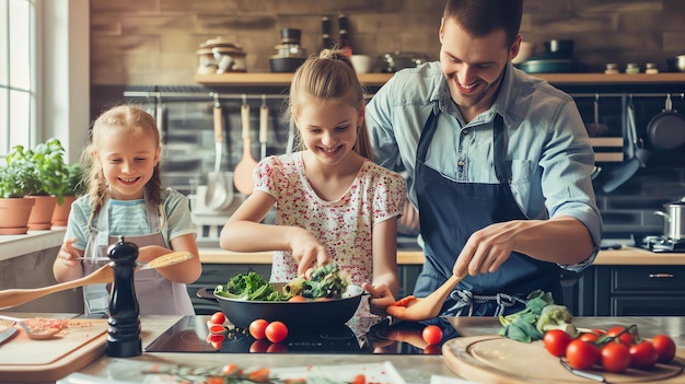 Una familia feliz está cocinando juntos en la cocina todos están sonriendo y riendo mientras cocinan