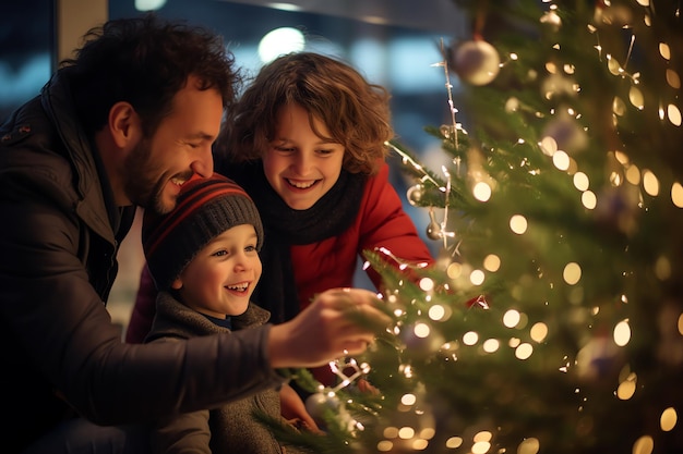 La familia feliz está decorando un árbol de Navidad en casa