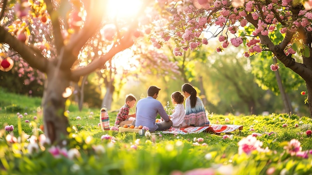 Una familia feliz está disfrutando de un picnic en el parque están sentados en una manta y comiendo comida el sol está brillando y los árboles están en flor