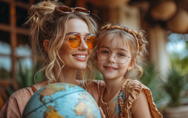 La familia feliz se está preparando para el viaje Madre e hijo con el globo