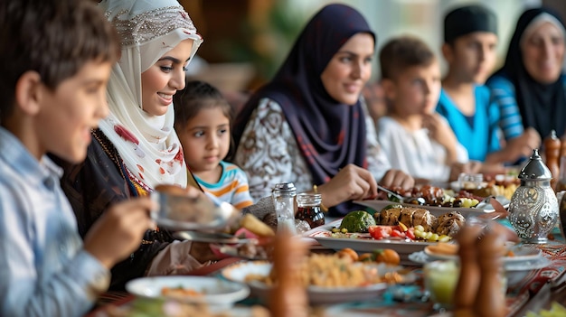 Una familia feliz está sentada en una mesa y comiendo juntos la mesa está llena de comida deliciosa la familia está usando ropa tradicional