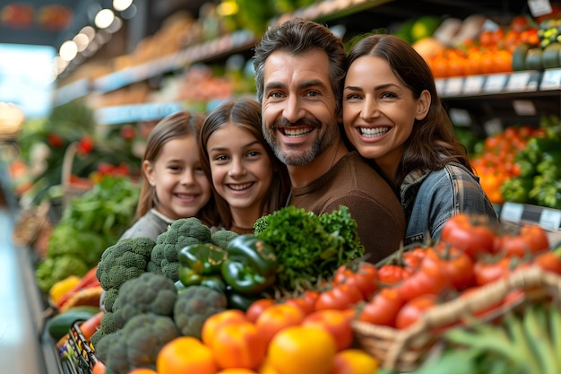 Foto família feliz fazendo compras em uma mercearia escolhe alimentos, legumes e frutas frescas