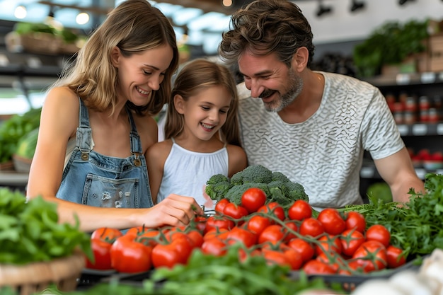 Família feliz fazendo compras em uma mercearia escolhe alimentos, legumes e frutas frescas