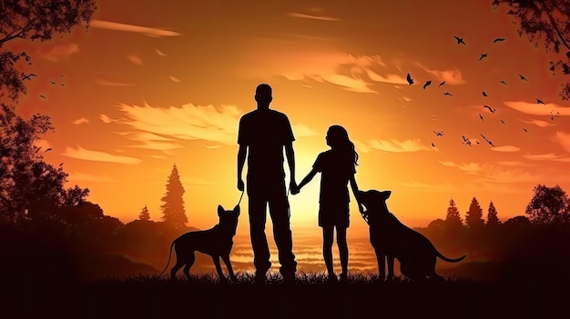 Familia feliz en el fondo del atardecer siluetas de personas y perros beagle y pastor belga malinois
